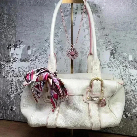 Dooney and Brourke Cream and Pink Pebbled Leather Bag Vintage Marchesa Satchel - Picture 2 of 16